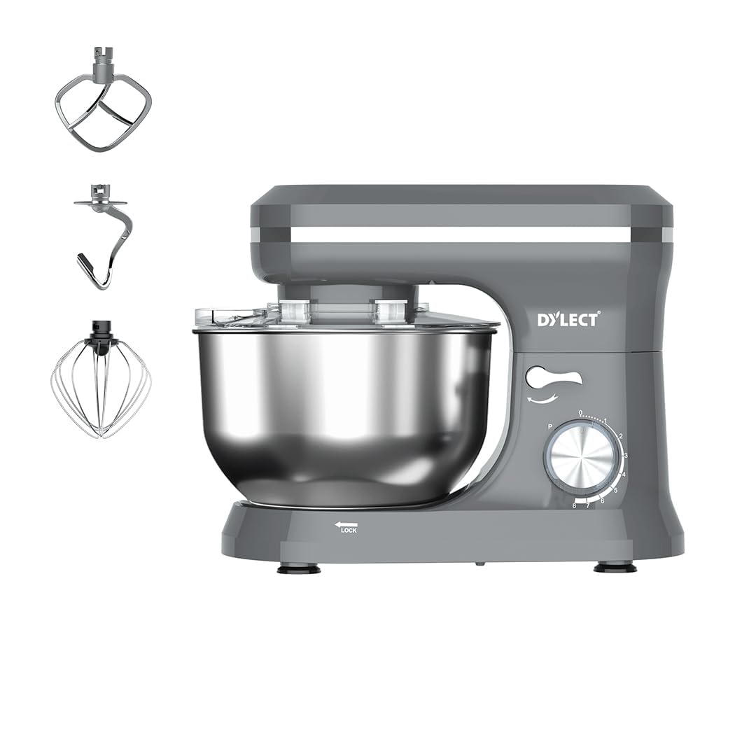 DYLECT® BetterMix Stand Mixer for Home | 1300W Powerful Motor | 5L Removeable Bowl | 8 Speed + Pulse Function | Dough Hook, Whisk, Beater & Splash Guard | Anti-Skid Design | Planetary Motion