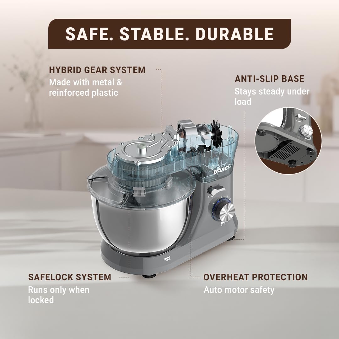 DYLECT® BetterMix Stand Mixer for Home | 1300W Powerful Motor | 5L Removeable Bowl | 8 Speed + Pulse Function | Dough Hook, Whisk, Beater & Splash Guard | Anti-Skid Design | Planetary Motion