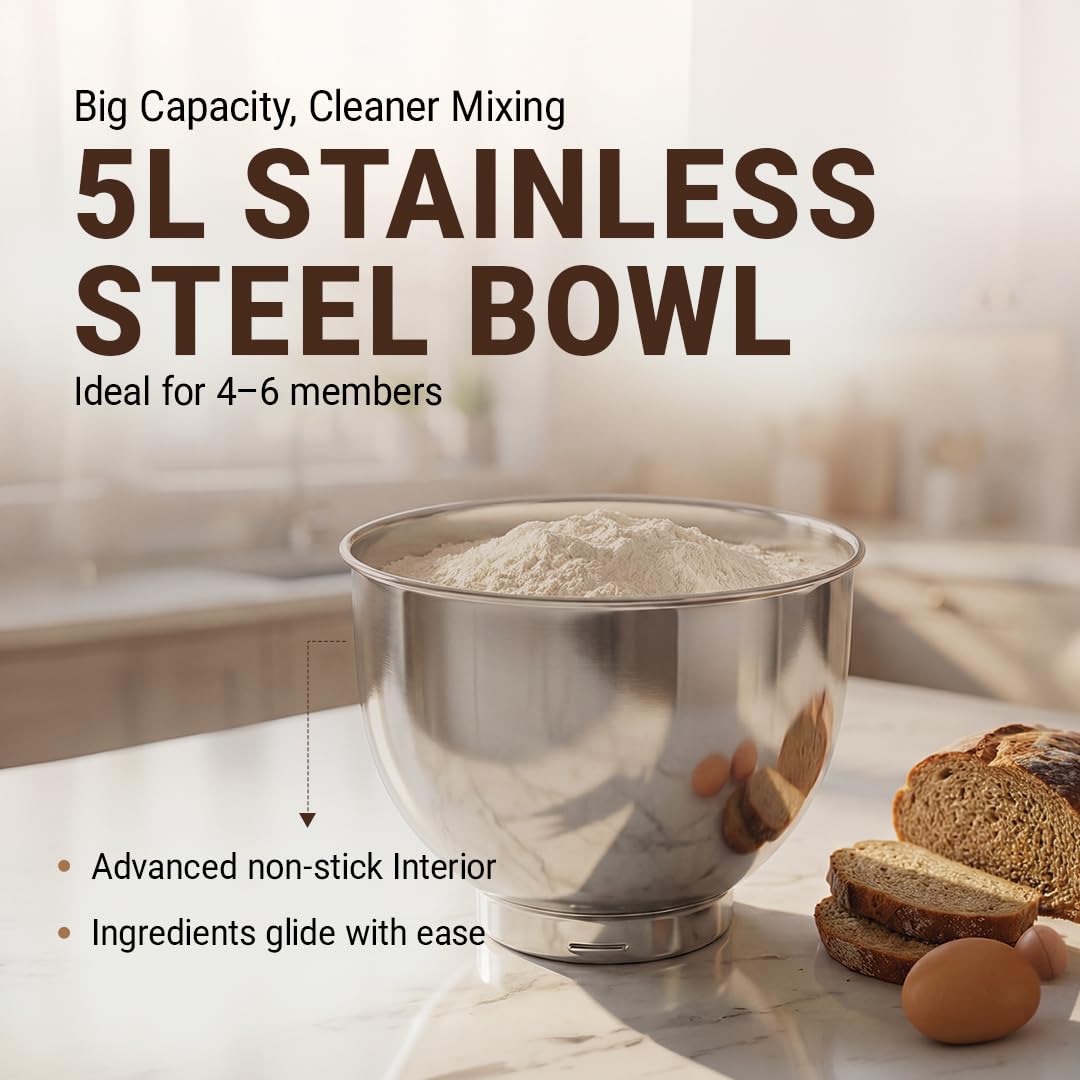 DYLECT® BetterMix Stand Mixer for Home | 1300W Powerful Motor | 5L Removeable Bowl | 8 Speed + Pulse Function | Dough Hook, Whisk, Beater & Splash Guard | Anti-Skid Design | Planetary Motion