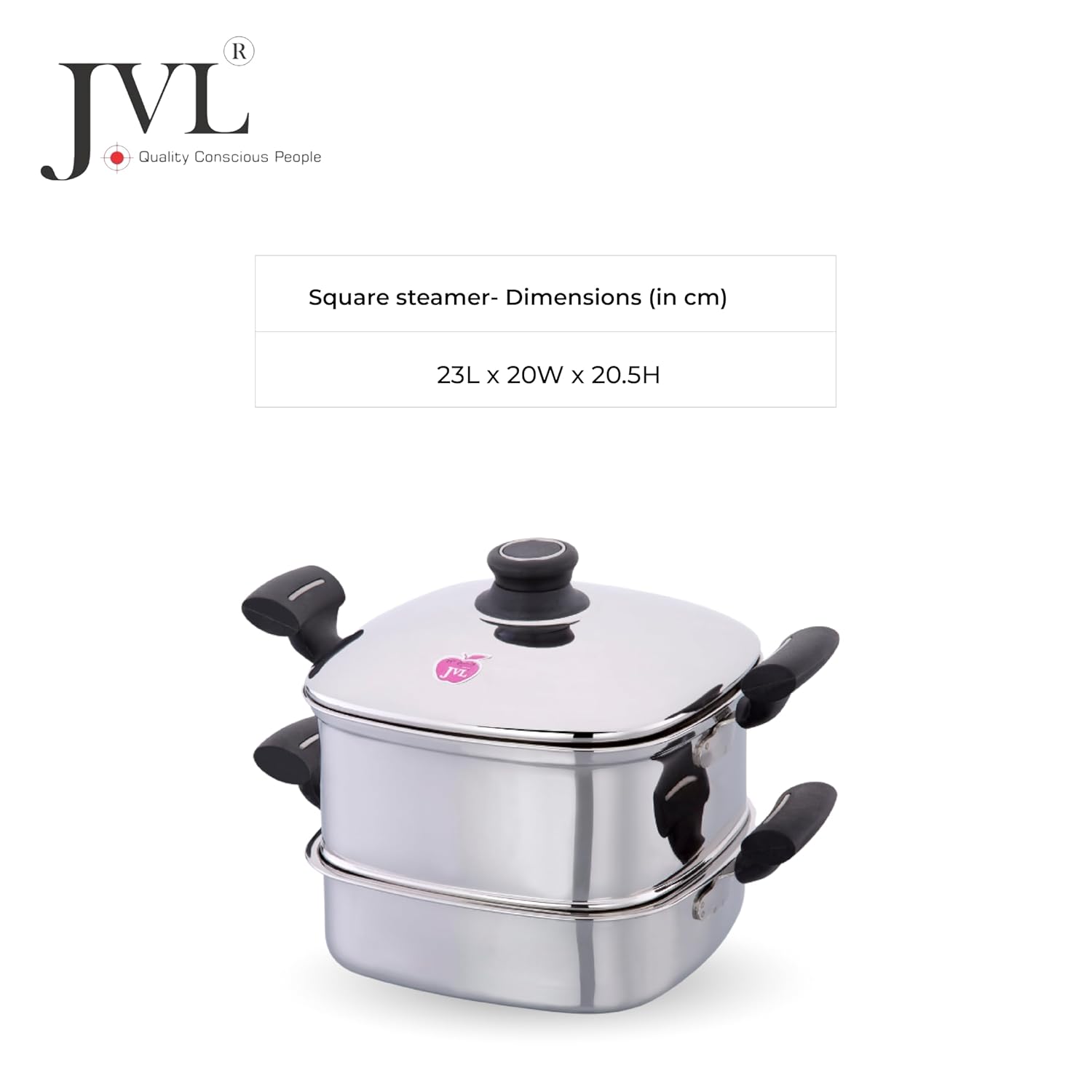 JVL Tri-Ply Base Stainless Steel Square Steamer Combo with Lid, 3 Idli Plates, 3 Dhokla Plates & Lifter 3-Tier Stackable Design for Healthy Steaming – Gas and Induction Compatible & Mirror Finish