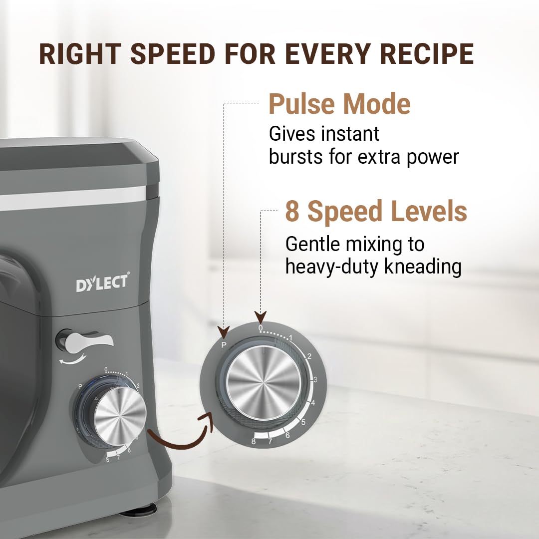 DYLECT® BetterMix Stand Mixer for Home | 1300W Powerful Motor | 5L Removeable Bowl | 8 Speed + Pulse Function | Dough Hook, Whisk, Beater & Splash Guard | Anti-Skid Design | Planetary Motion