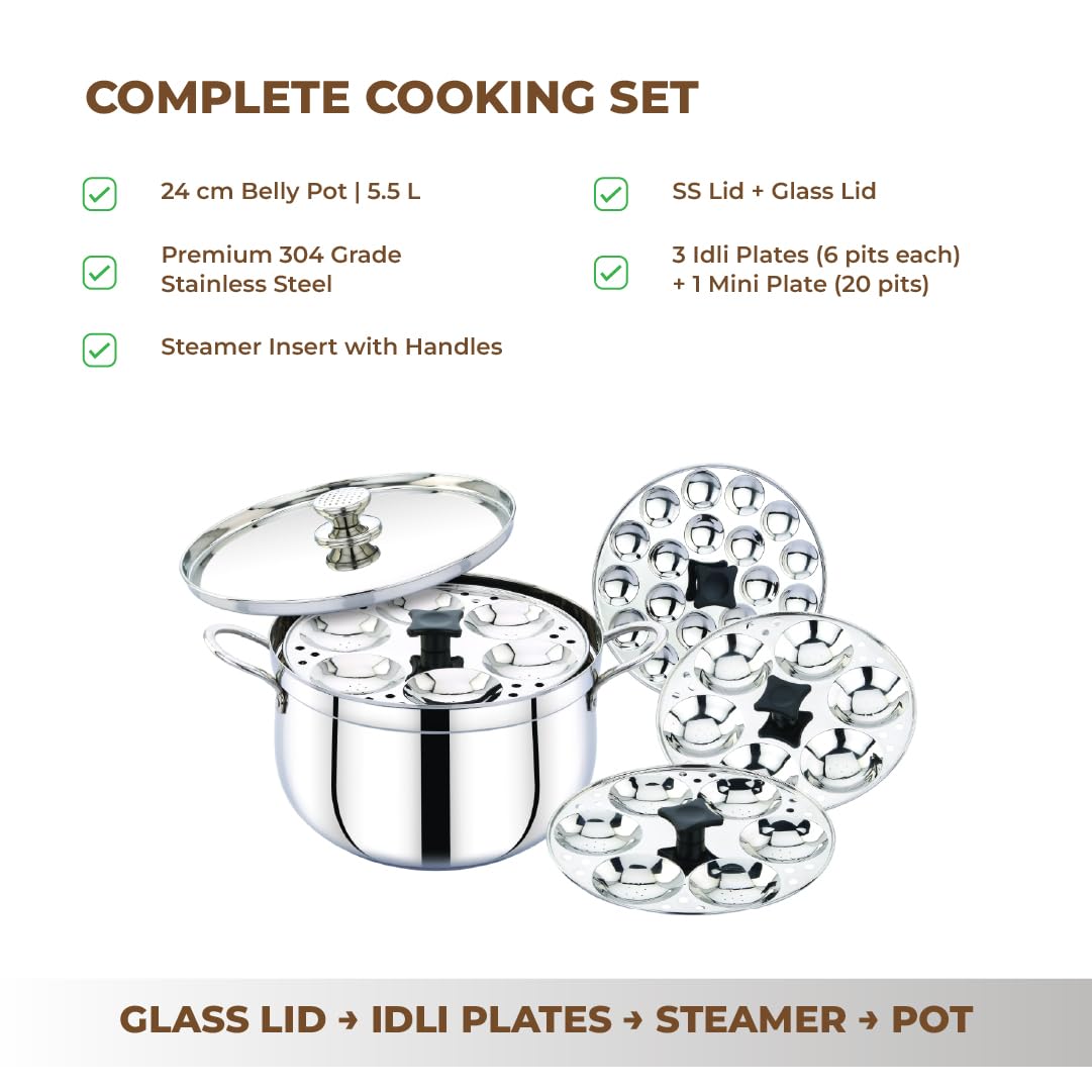Praylady One Pot Wonder | 3-in-1 Belly Shape Triply Base Biryani/Idli Steamer | 24 cm | 5.5L | SS & Glass Lids | Pasta Pot | Steamer | BIS Certified | Induction Gas | Kitchen Essential
