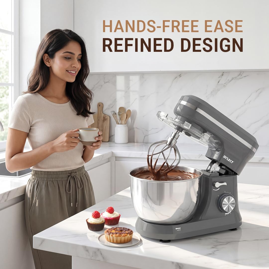 DYLECT® BetterMix Stand Mixer for Home | 1300W Powerful Motor | 5L Removeable Bowl | 8 Speed + Pulse Function | Dough Hook, Whisk, Beater & Splash Guard | Anti-Skid Design | Planetary Motion