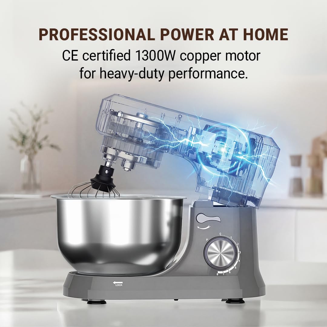 DYLECT® BetterMix Stand Mixer for Home | 1300W Powerful Motor | 5L Removeable Bowl | 8 Speed + Pulse Function | Dough Hook, Whisk, Beater & Splash Guard | Anti-Skid Design | Planetary Motion