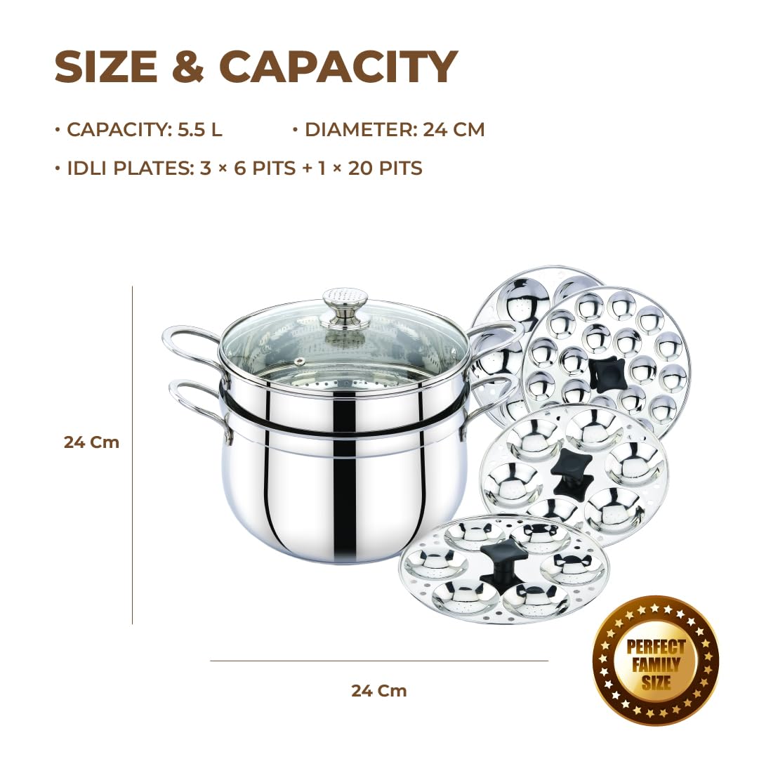 Praylady One Pot Wonder | 3-in-1 Belly Shape Triply Base Biryani/Idli Steamer | 24 cm | 5.5L | SS & Glass Lids | Pasta Pot | Steamer | BIS Certified | Induction Gas | Kitchen Essential