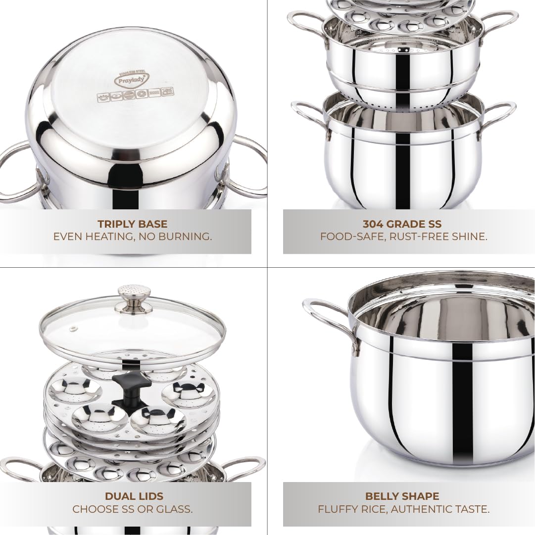 Praylady One Pot Wonder | 3-in-1 Belly Shape Triply Base Biryani/Idli Steamer | 24 cm | 5.5L | SS & Glass Lids | Pasta Pot | Steamer | BIS Certified | Induction Gas | Kitchen Essential