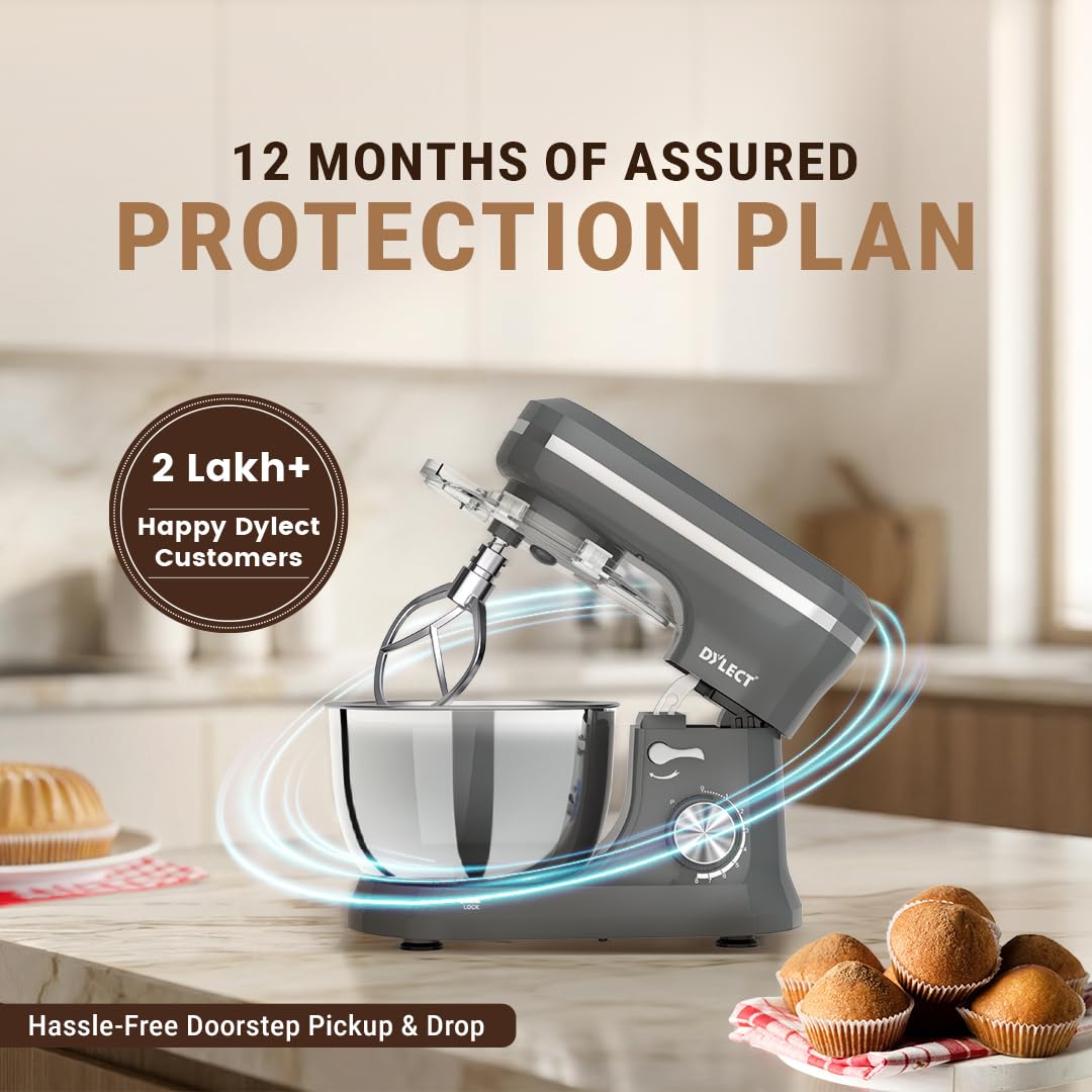 DYLECT® BetterMix Stand Mixer for Home | 1300W Powerful Motor | 5L Removeable Bowl | 8 Speed + Pulse Function | Dough Hook, Whisk, Beater & Splash Guard | Anti-Skid Design | Planetary Motion