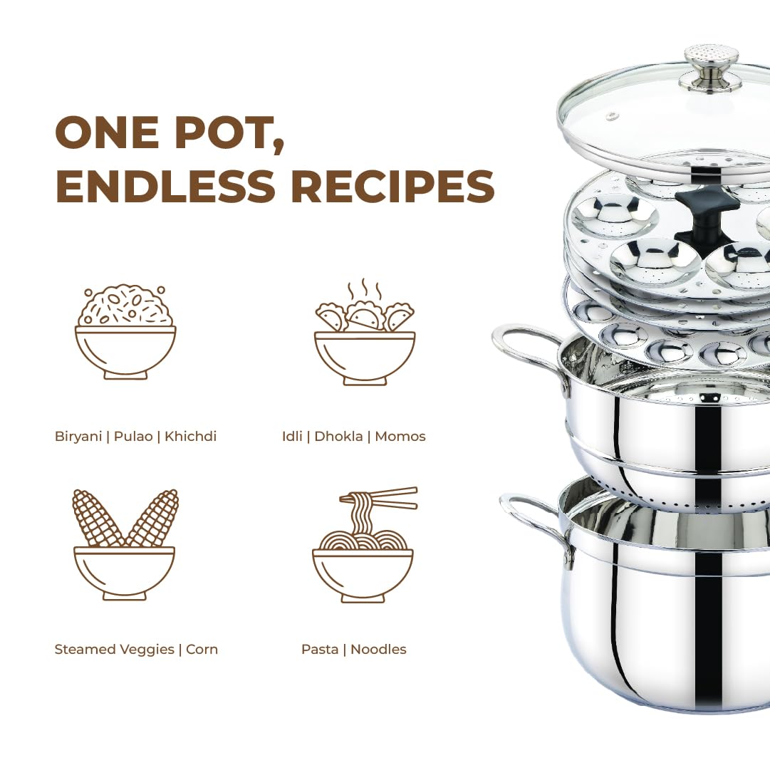 Praylady One Pot Wonder | 3-in-1 Belly Shape Triply Base Biryani/Idli Steamer | 24 cm | 5.5L | SS & Glass Lids | Pasta Pot | Steamer | BIS Certified | Induction Gas | Kitchen Essential