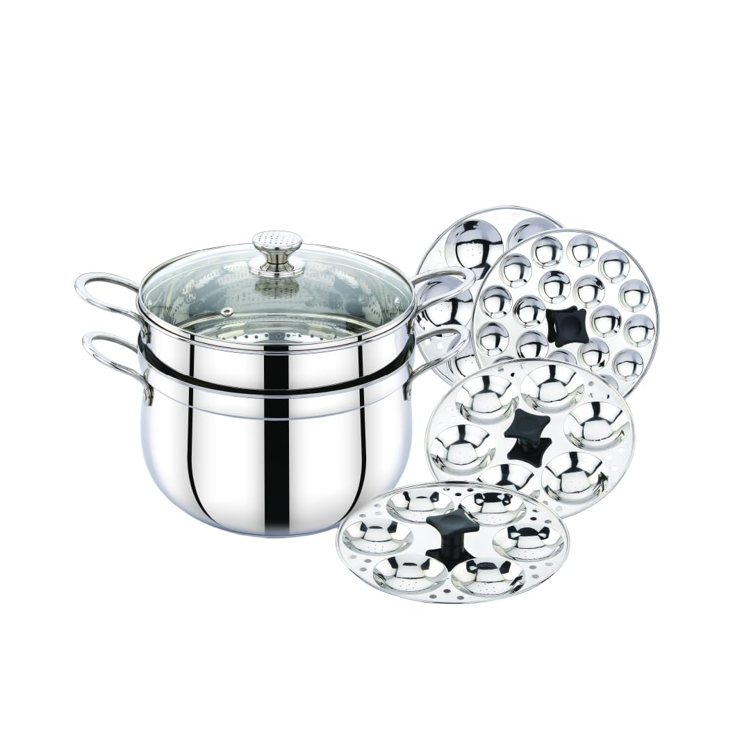 Praylady One Pot Wonder | 3-in-1 Belly Shape Triply Base Biryani/Idli Steamer | 24 cm | 5.5L | SS & Glass Lids | Pasta Pot | Steamer | BIS Certified | Induction Gas | Kitchen Essential