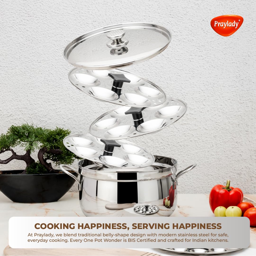 Praylady One Pot Wonder | 3-in-1 Belly Shape Triply Base Biryani/Idli Steamer | 24 cm | 5.5L | SS & Glass Lids | Pasta Pot | Steamer | BIS Certified | Induction Gas | Kitchen Essential