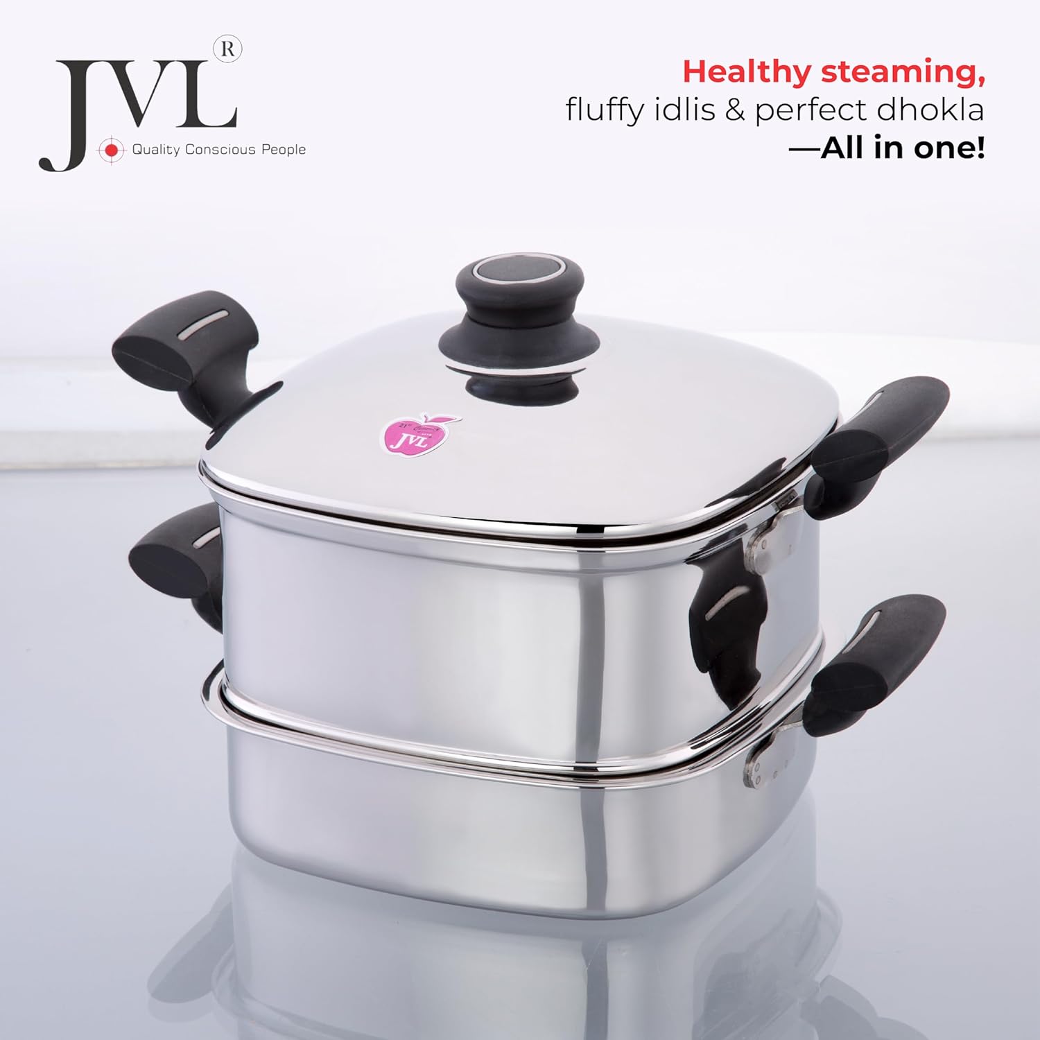 JVL Tri-Ply Base Stainless Steel Square Steamer Combo with Lid, 3 Idli Plates, 3 Dhokla Plates & Lifter 3-Tier Stackable Design for Healthy Steaming – Gas and Induction Compatible & Mirror Finish