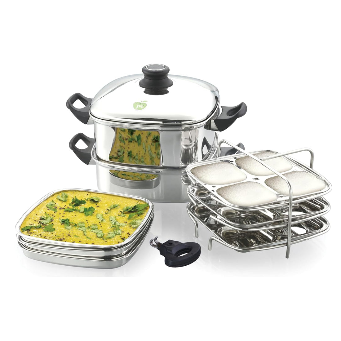 JVL Tri-Ply Base Stainless Steel Square Steamer Combo with Lid, 3 Idli Plates, 3 Dhokla Plates & Lifter 3-Tier Stackable Design for Healthy Steaming – Gas and Induction Compatible & Mirror Finish