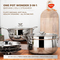 Praylady One Pot Wonder | 3-in-1 Belly Shape Triply Base Biryani/Idli Steamer | 24 cm | 5.5L | SS & Glass Lids | Pasta Pot | Steamer | BIS Certified | Induction Gas | Kitchen Essential