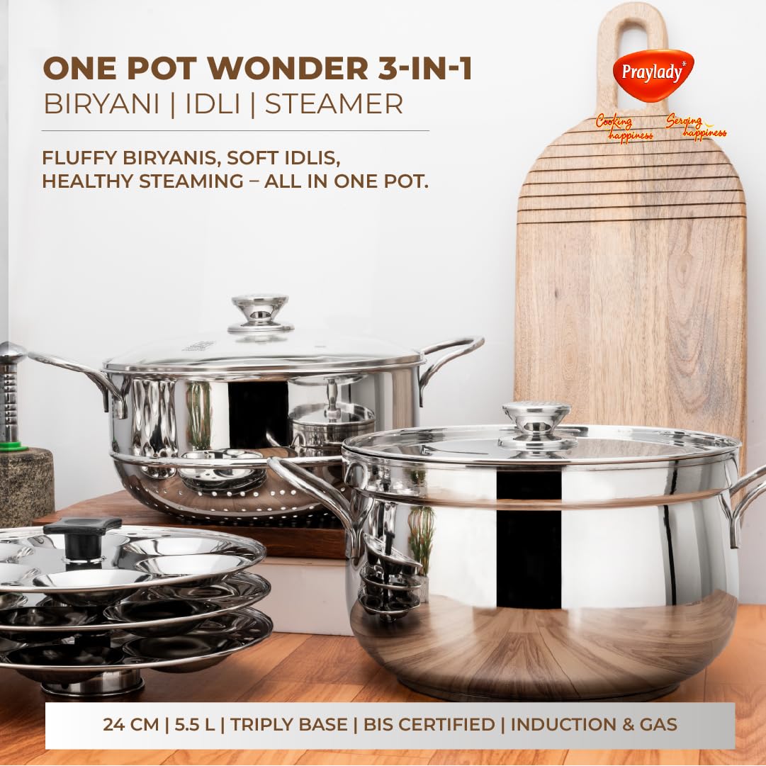 Praylady One Pot Wonder | 3-in-1 Belly Shape Triply Base Biryani/Idli Steamer | 24 cm | 5.5L | SS & Glass Lids | Pasta Pot | Steamer | BIS Certified | Induction Gas | Kitchen Essential