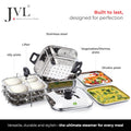 JVL Tri-Ply Base Stainless Steel Square Steamer Combo with Lid, 3 Idli Plates, 3 Dhokla Plates & Lifter 3-Tier Stackable Design for Healthy Steaming – Gas and Induction Compatible & Mirror Finish