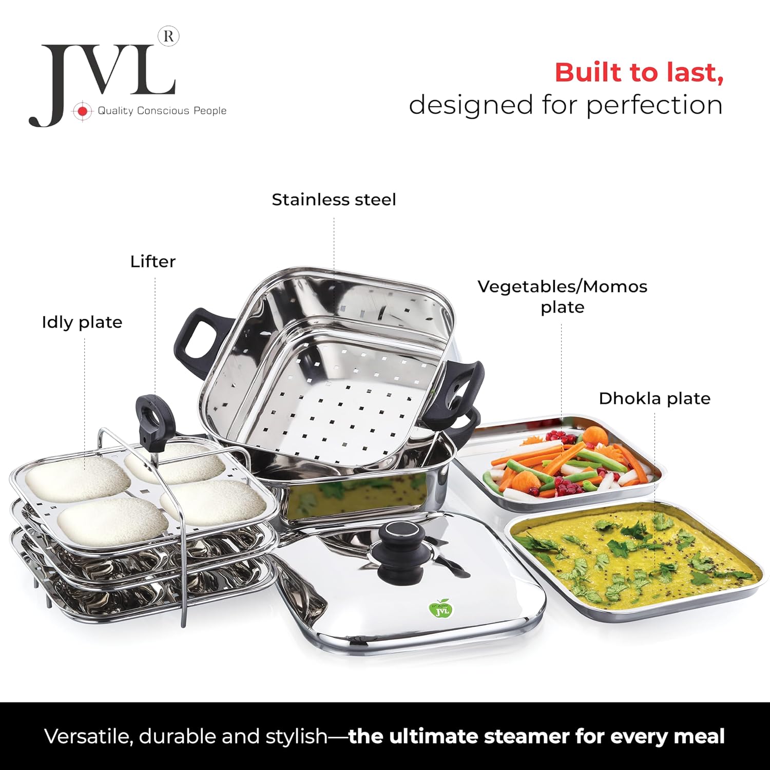 JVL Tri-Ply Base Stainless Steel Square Steamer Combo with Lid, 3 Idli Plates, 3 Dhokla Plates & Lifter 3-Tier Stackable Design for Healthy Steaming – Gas and Induction Compatible & Mirror Finish