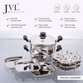JVL Tri-Ply Base Stainless Steel Square Steamer Combo with Lid, 3 Idli Plates, 3 Dhokla Plates & Lifter 3-Tier Stackable Design for Healthy Steaming – Gas and Induction Compatible & Mirror Finish