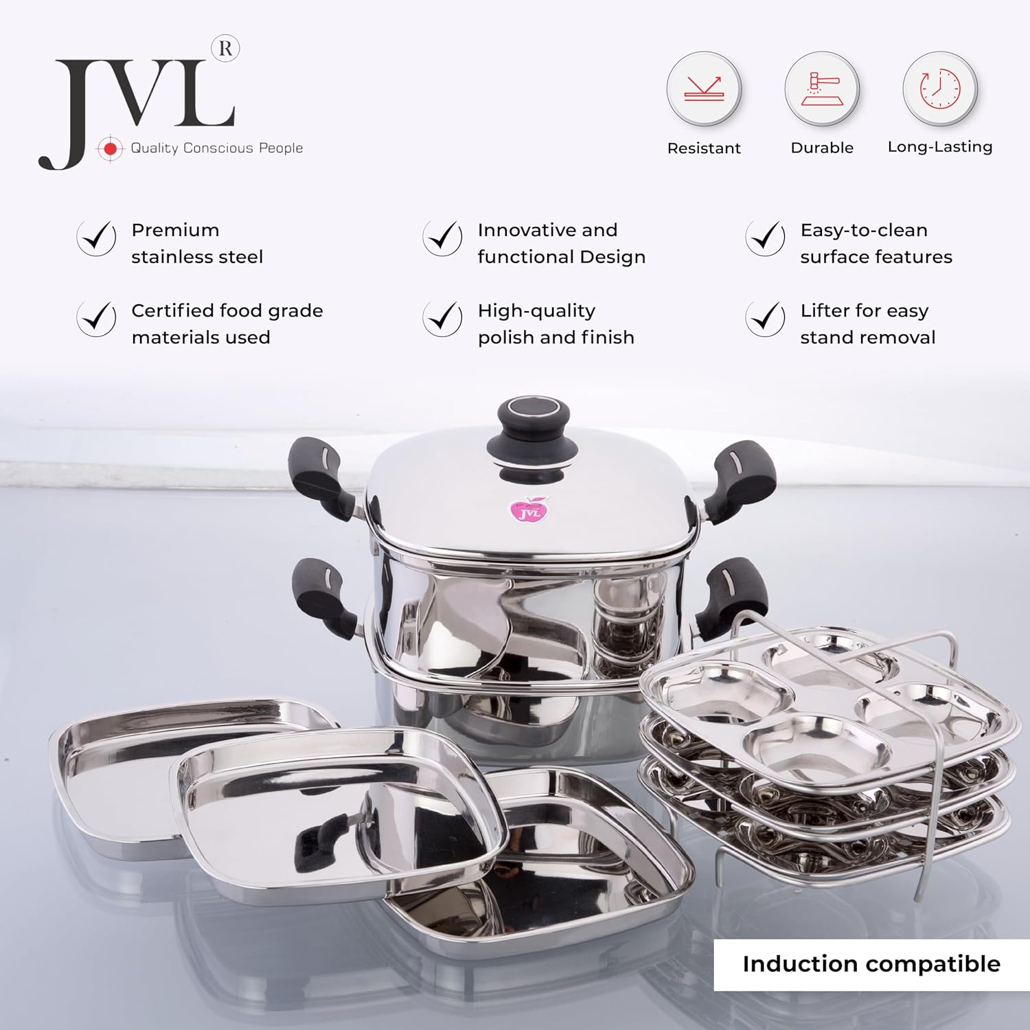 JVL Tri-Ply Base Stainless Steel Square Steamer Combo with Lid, 3 Idli Plates, 3 Dhokla Plates & Lifter 3-Tier Stackable Design for Healthy Steaming – Gas and Induction Compatible & Mirror Finish