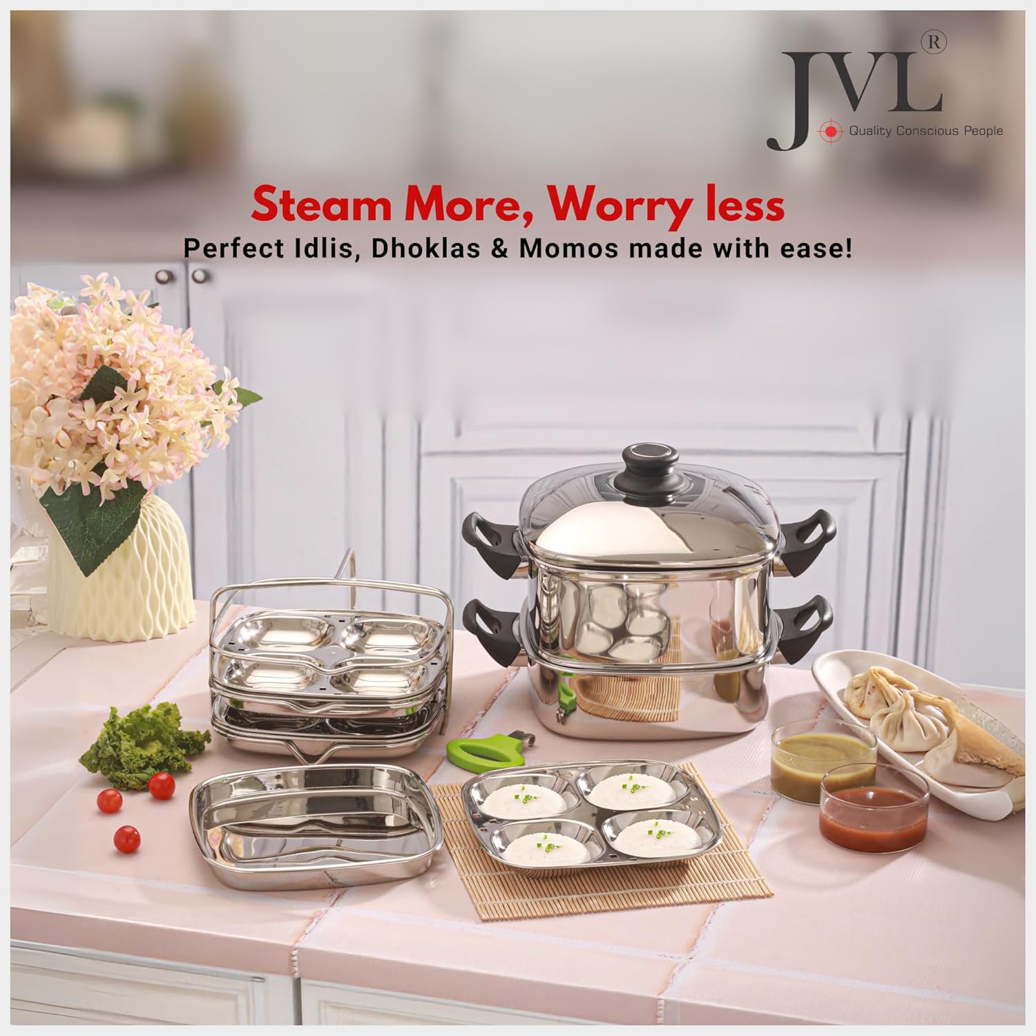 JVL Tri-Ply Base Stainless Steel Square Steamer Combo with Lid, 3 Idli Plates, 3 Dhokla Plates & Lifter 3-Tier Stackable Design for Healthy Steaming – Gas and Induction Compatible & Mirror Finish